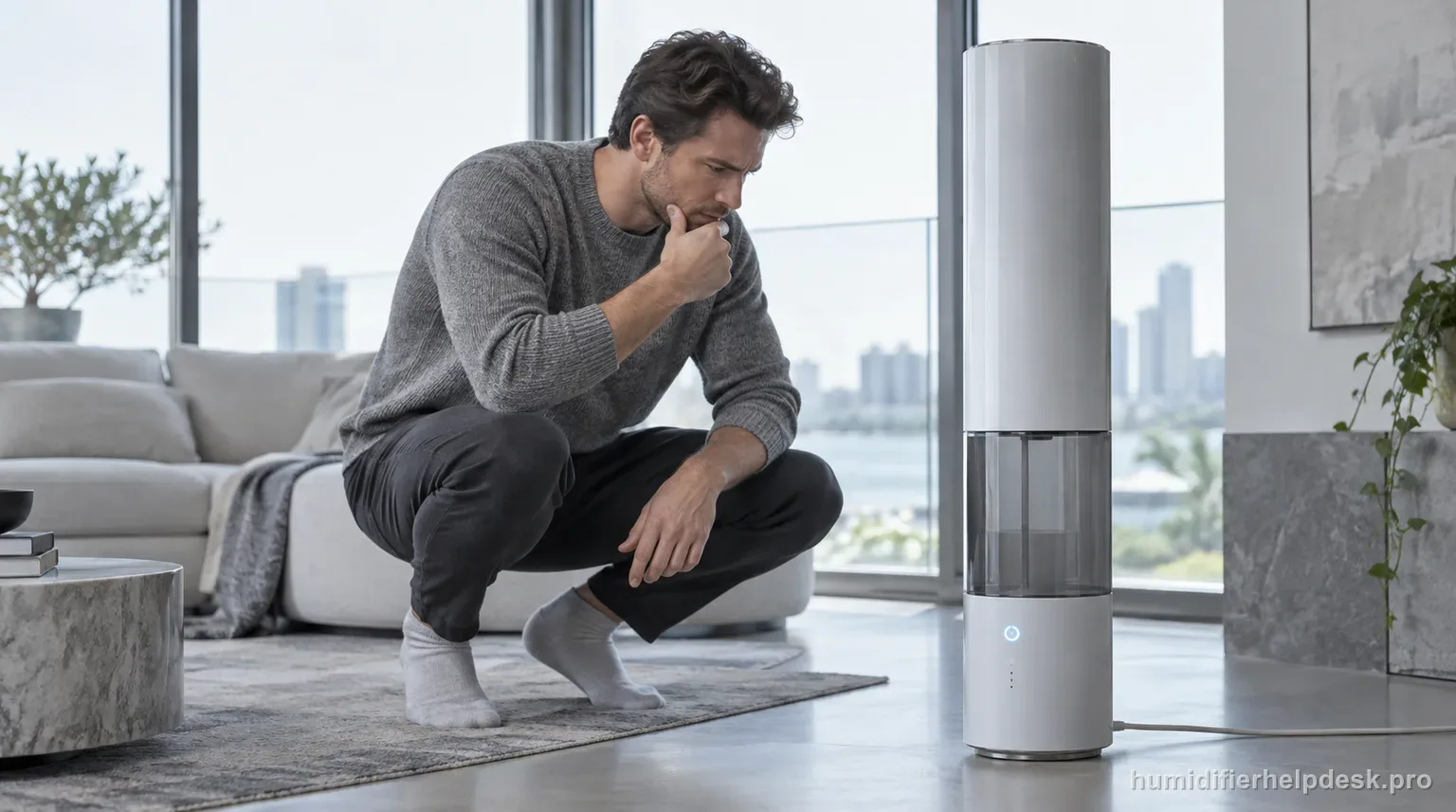 Illustrative person crouching beside a tall smart humidifier tower checking the base while a power light glows and no mist rises