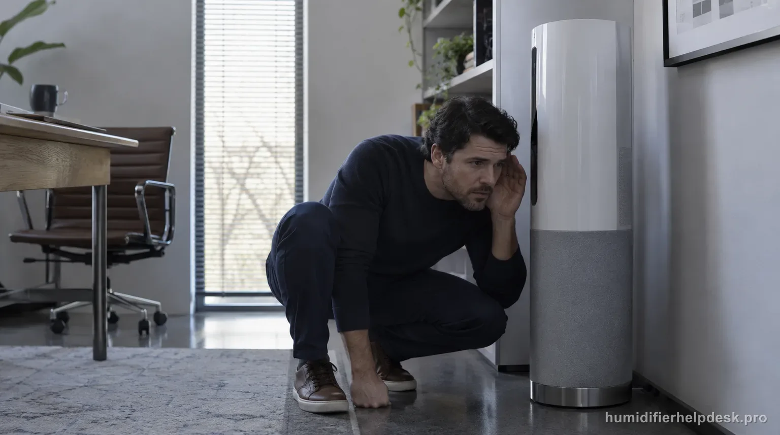 Illustrative person listening closely at the base of a tall smart humidifier tower in a home office