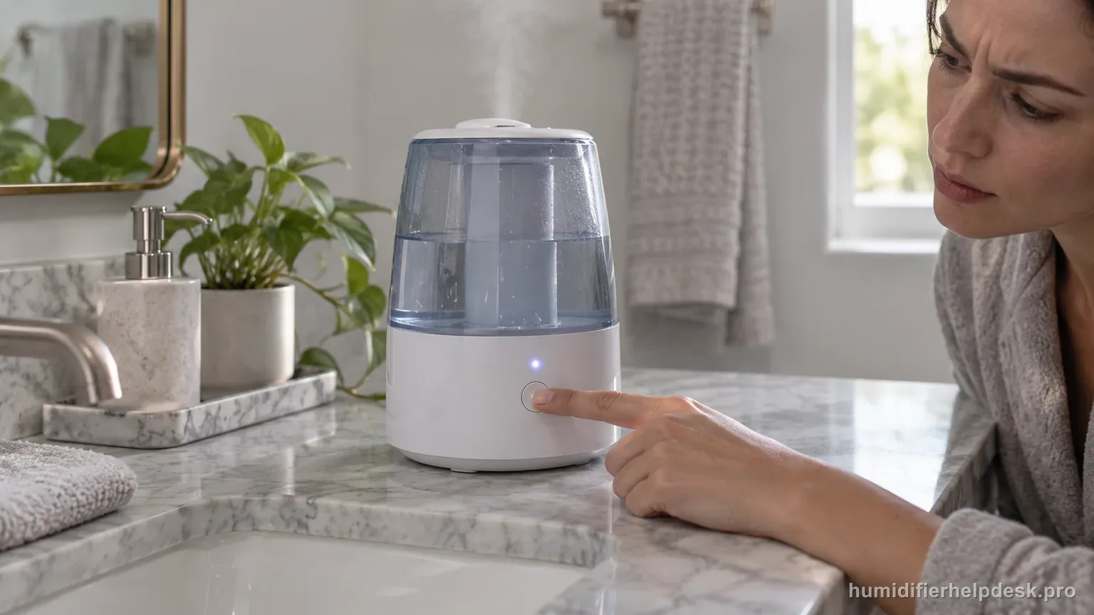 Illustrative hand pressing a button on a small humidifier while an indicator light stays lit