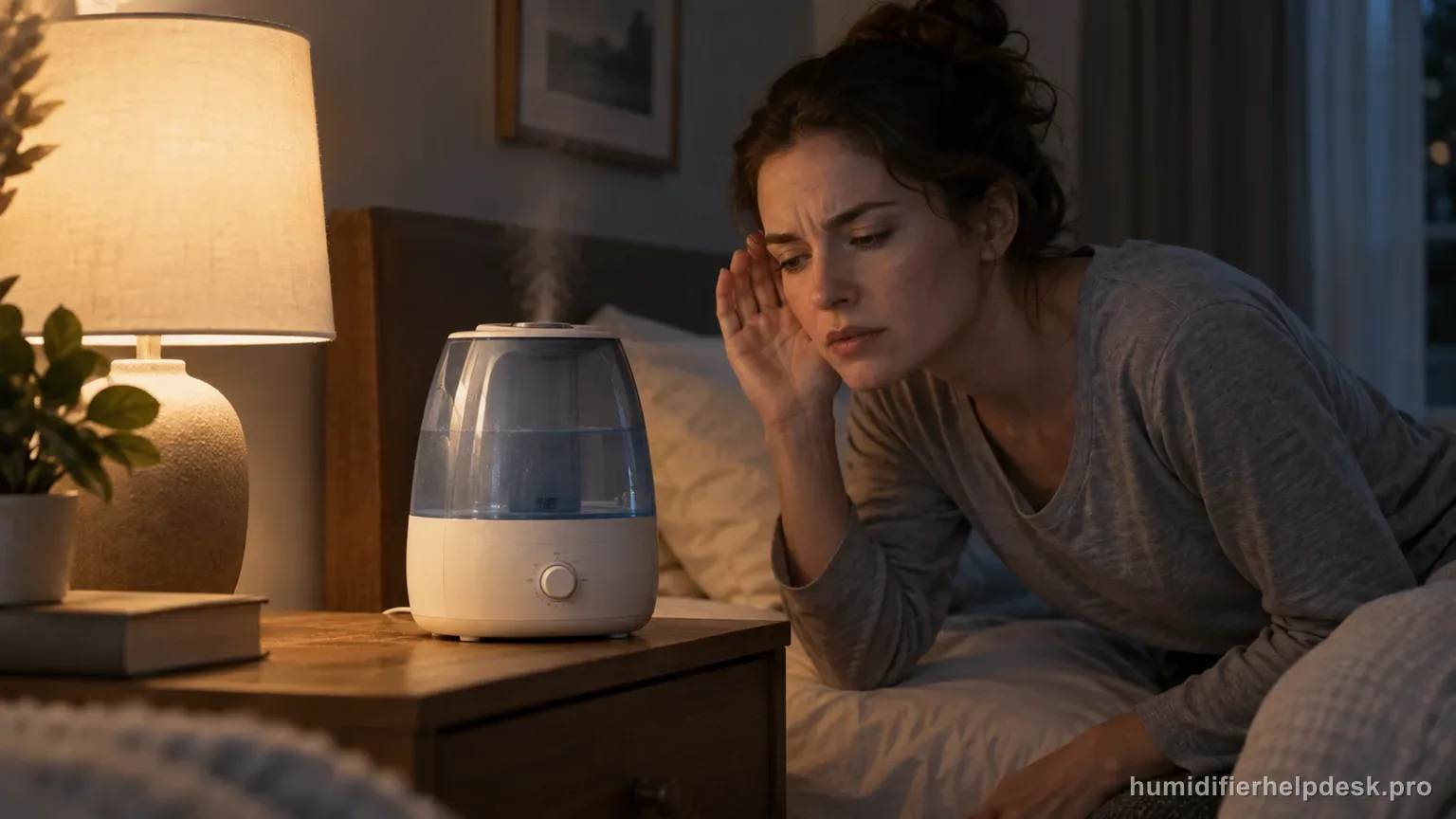 Illustrative person listening closely beside a small humidifier to identify an unusual noise