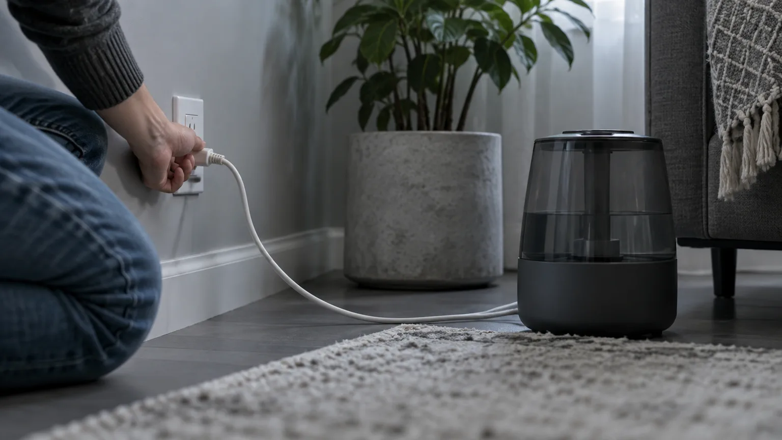 Illustrative a hand tracing a power cord from a small humidifier back to a wall outlet to check the connection