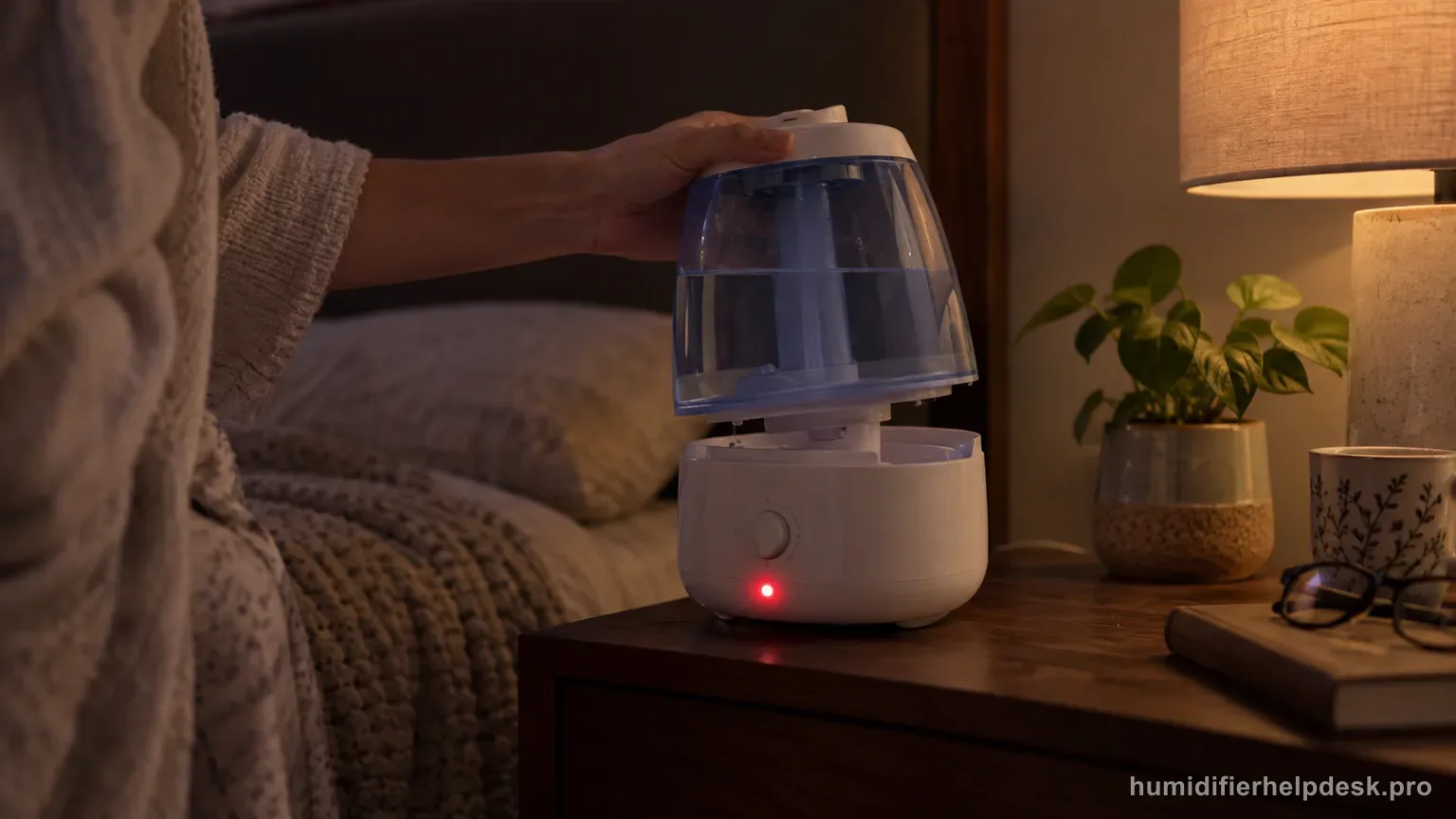 Illustrative small humidifier with a red indicator light glowing near its base