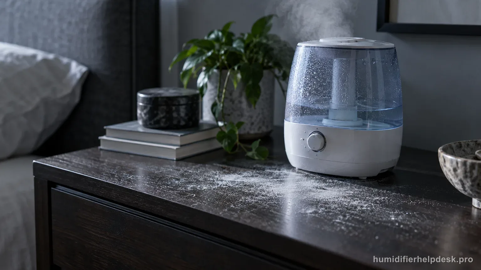 Illustrative fine layer of white mineral dust visible beside a small humidifier