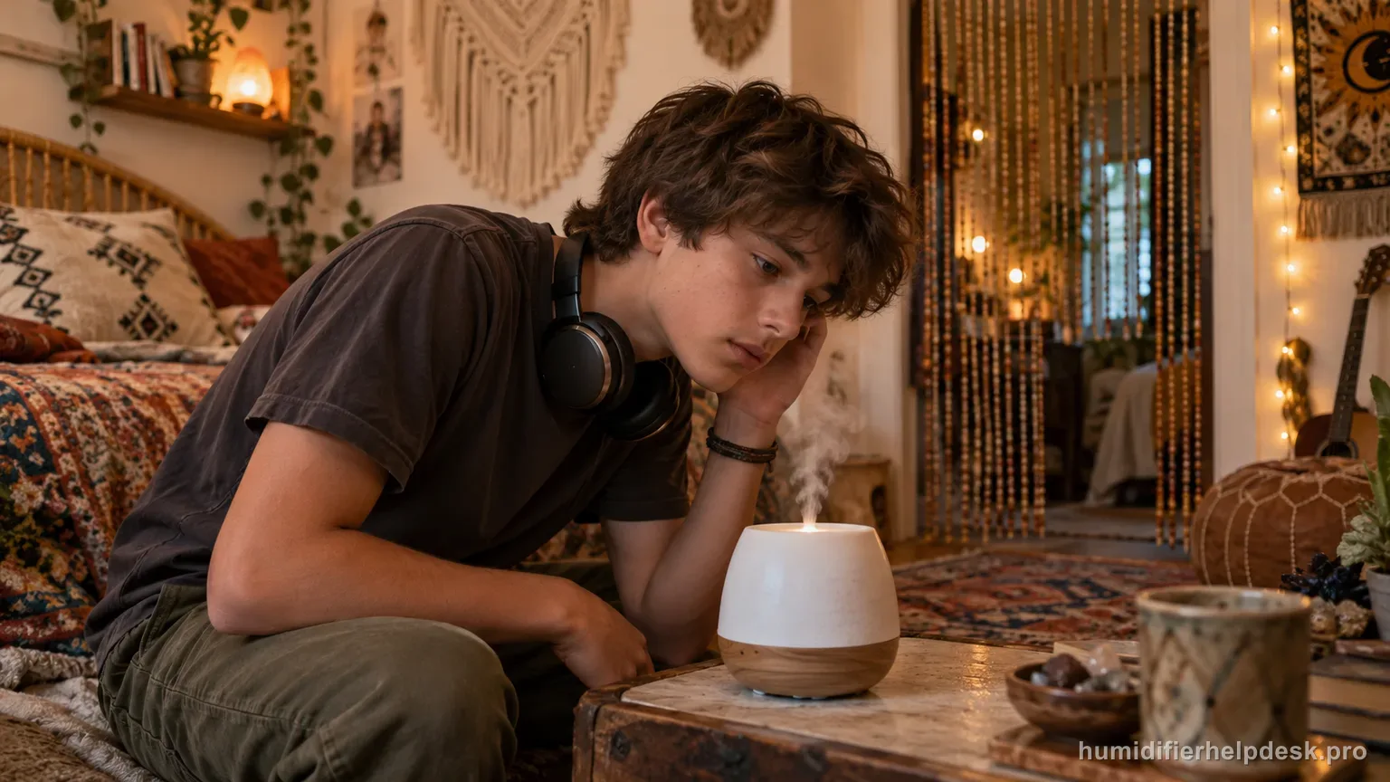 Illustrative teenage boy leaning close to listen to a small tabletop humidifier in a bedroom