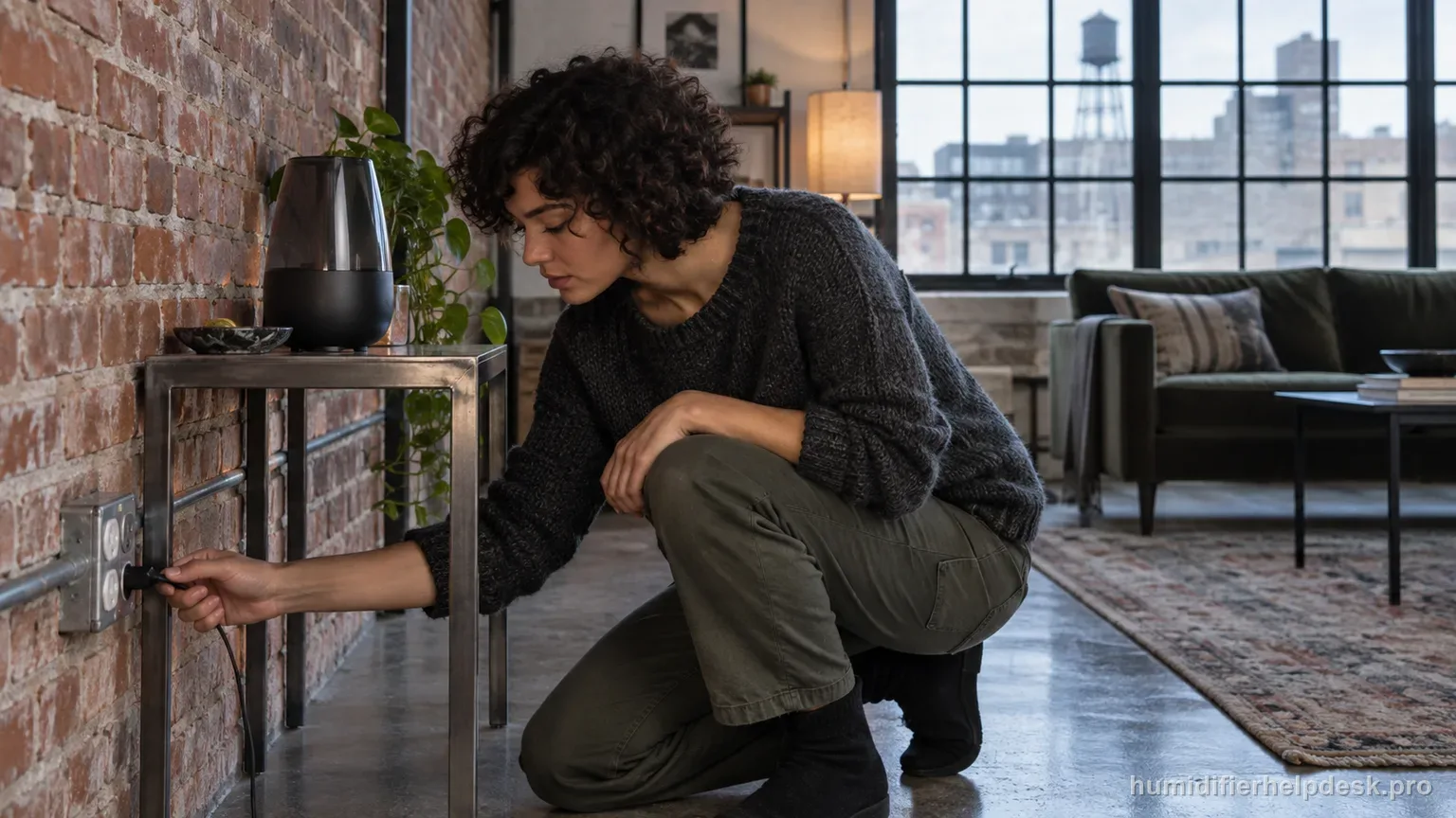 Illustrative woman checking a floor outlet near a small tabletop humidifier in an industrial loft apartment