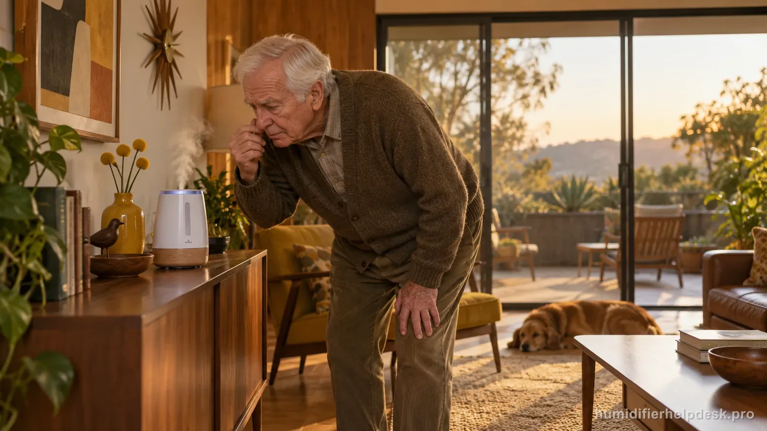 Illustrative elderly man sniffing near a small tabletop humidifier on a credenza in a living room