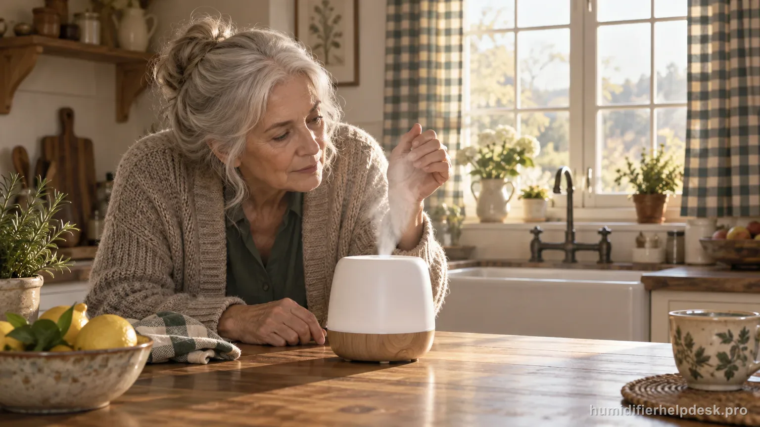 Illustrative woman checking the mist nozzle of a small tabletop humidifier on a farmhouse-style kitchen counter
