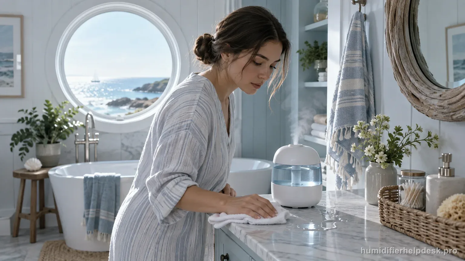 Illustrative woman wiping up overflowed water beneath a small tabletop humidifier on a bathroom vanity