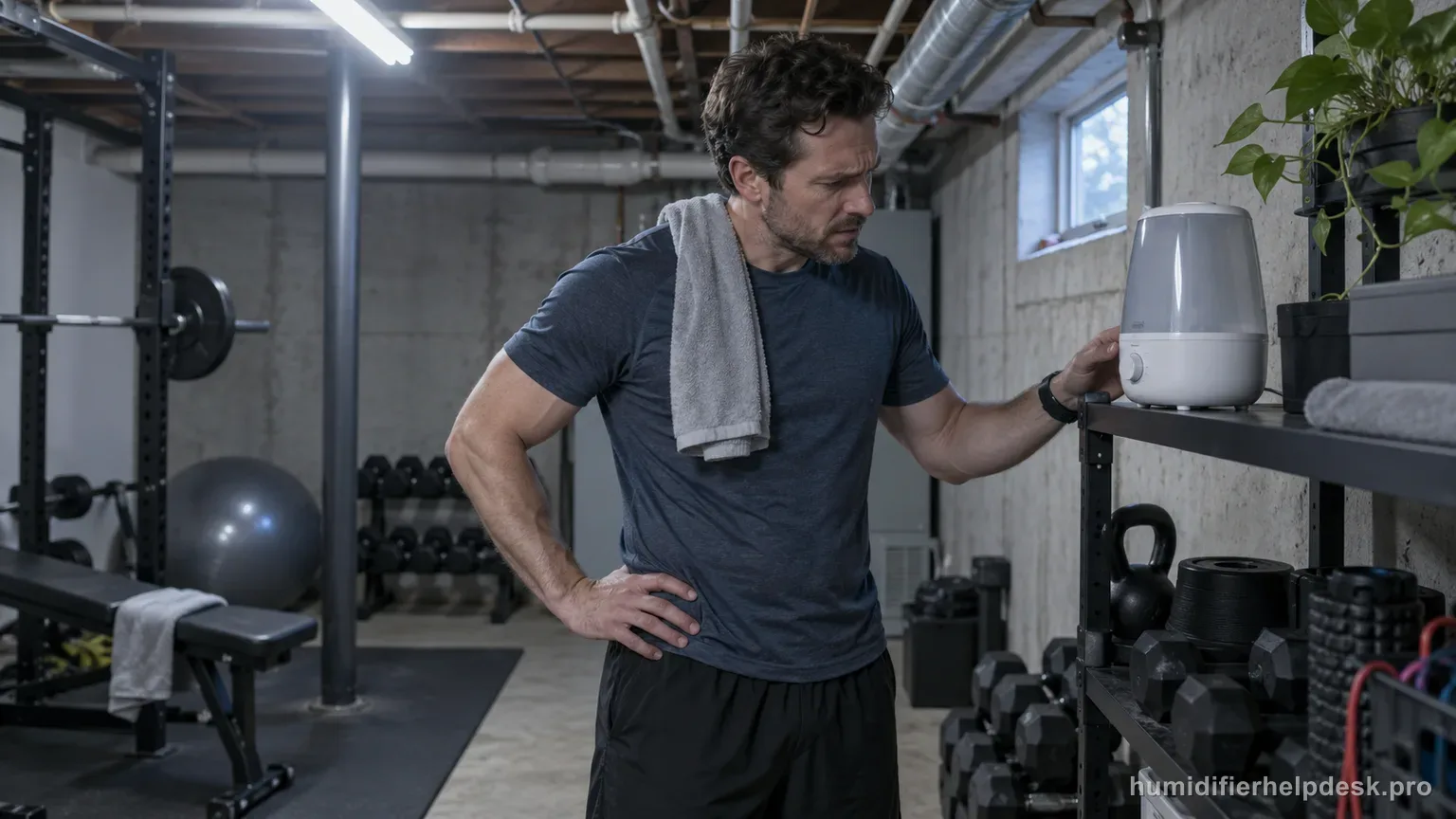Illustrative man noticing a small tabletop humidifier go quiet on a shelf in a basement home gym