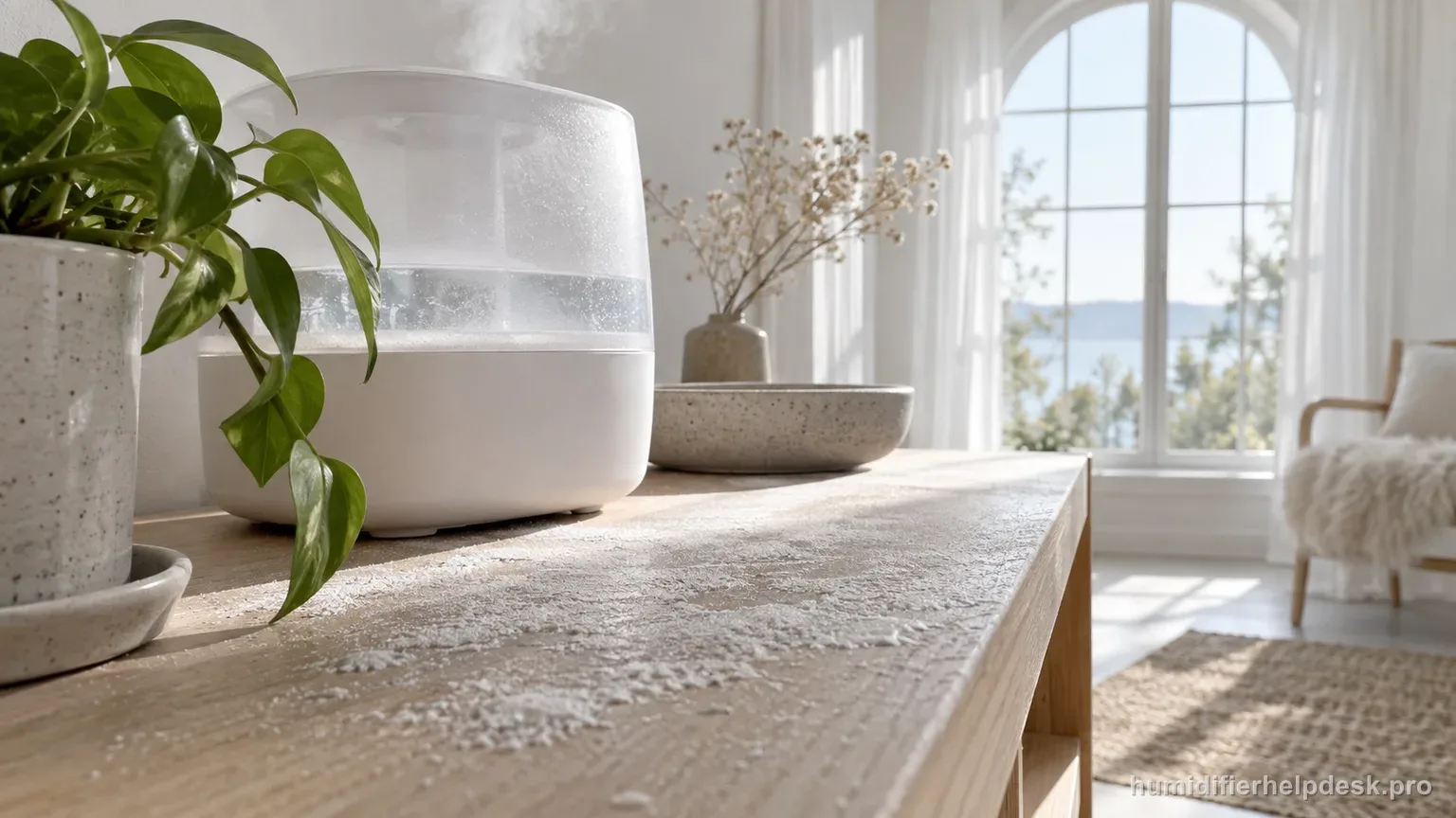 Illustrative fine layer of white mineral dust visible on a pale wood shelf beside a small tabletop humidifier