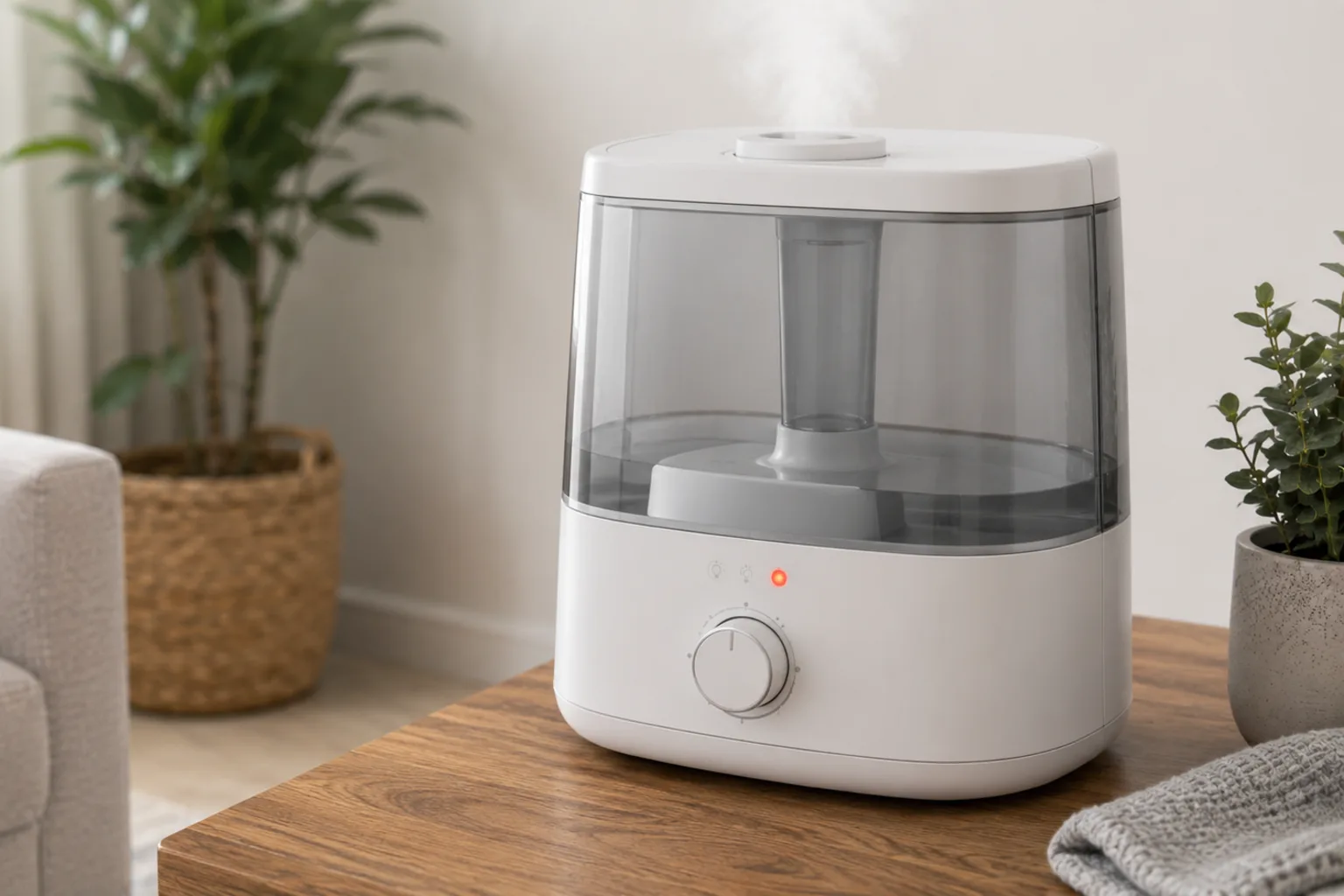 Illustrative ultrasonic humidifier with a red clean reminder indicator illuminated on the front control panel