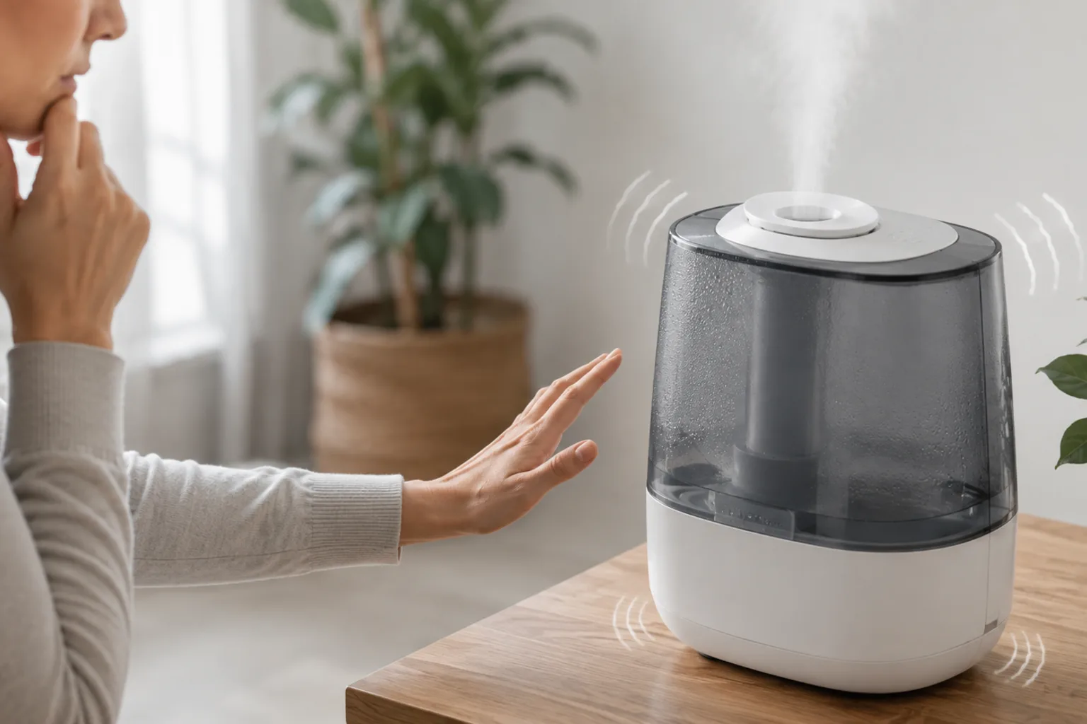Illustrative ultrasonic humidifier being checked for abnormal vibration or noise on a tabletop