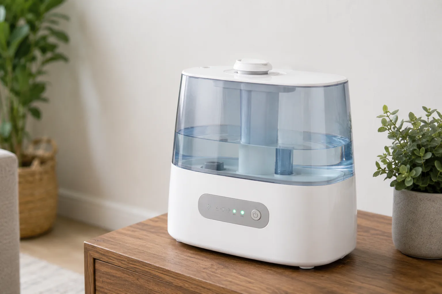 Illustrative ultrasonic humidifier powered on with water in the tank but no mist leaving the top outlet