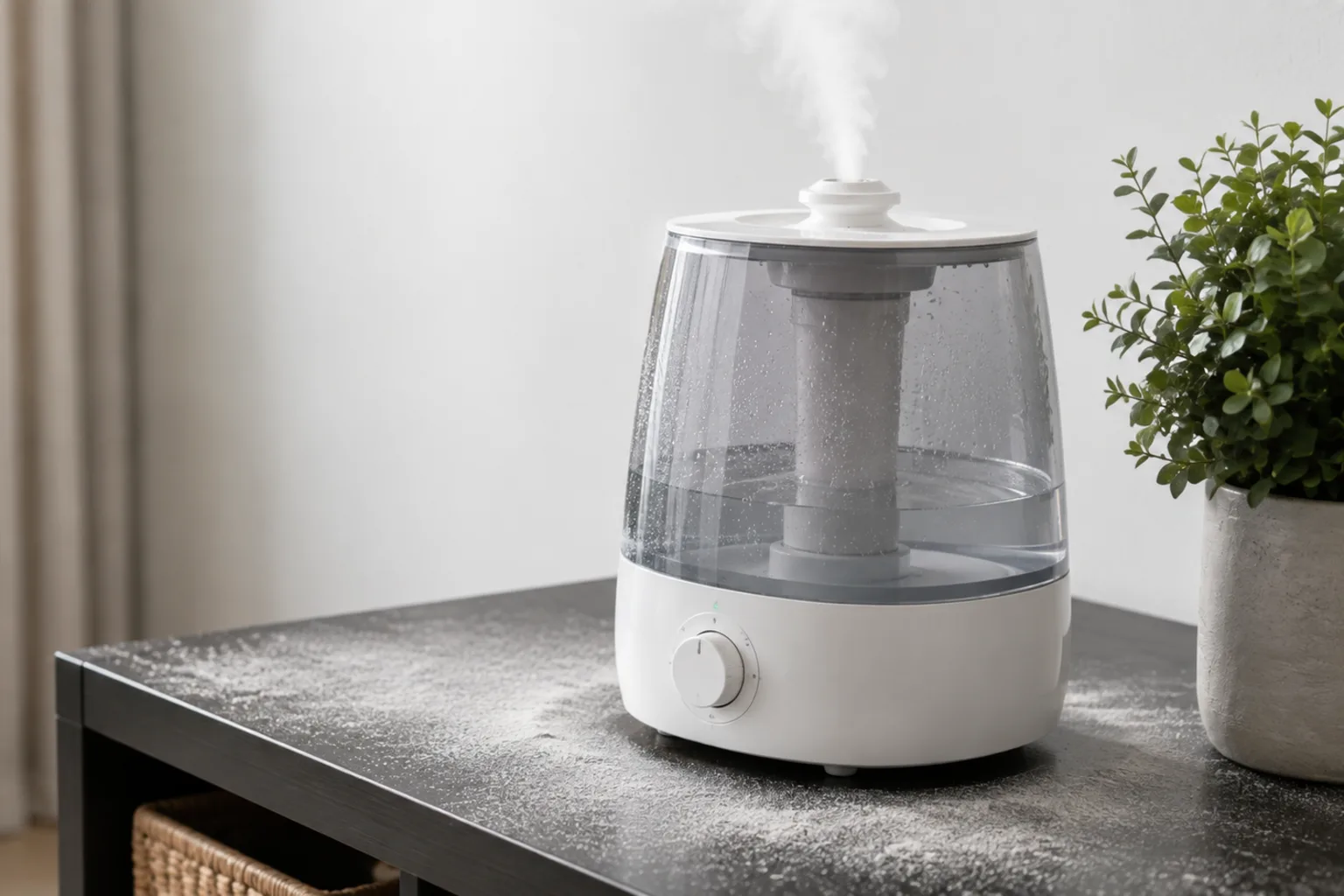 Illustrative ultrasonic humidifier producing mist beside visible white mineral residue on a dark tabletop