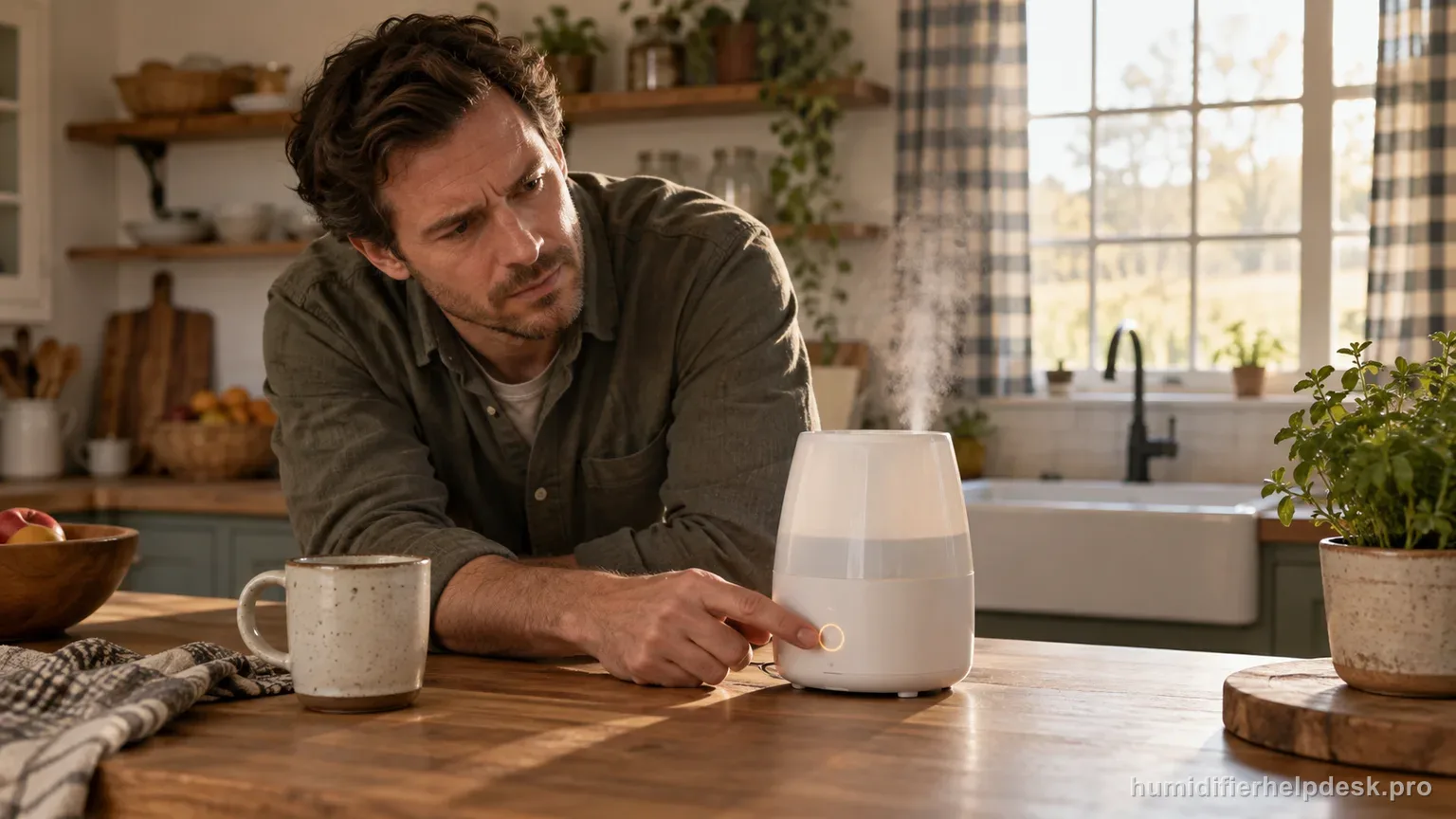 Illustrative person pressing a button on a small tabletop humidifier while an indicator light stays lit