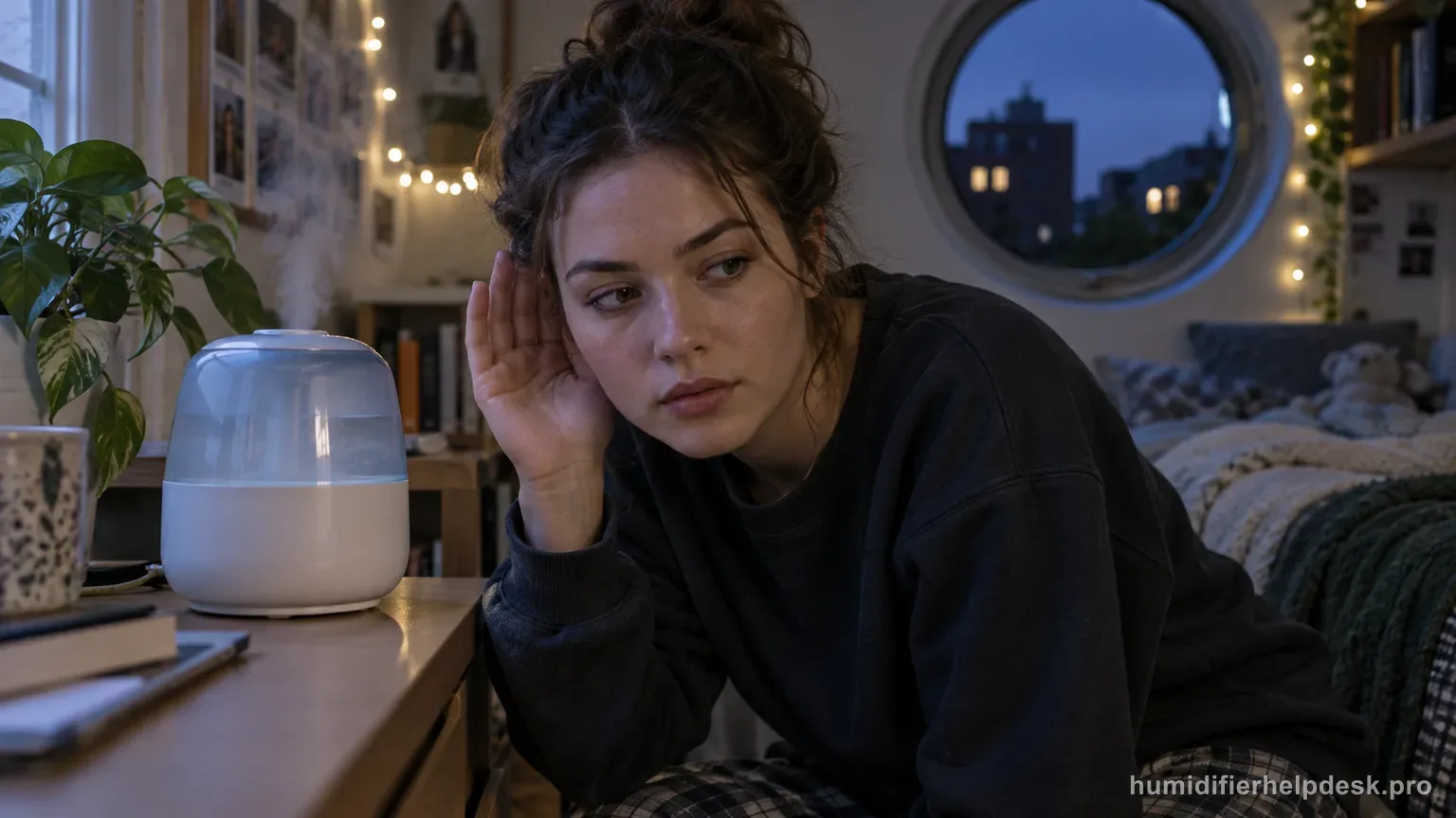 Illustrative person listening closely beside a small tabletop humidifier to identify an unusual noise