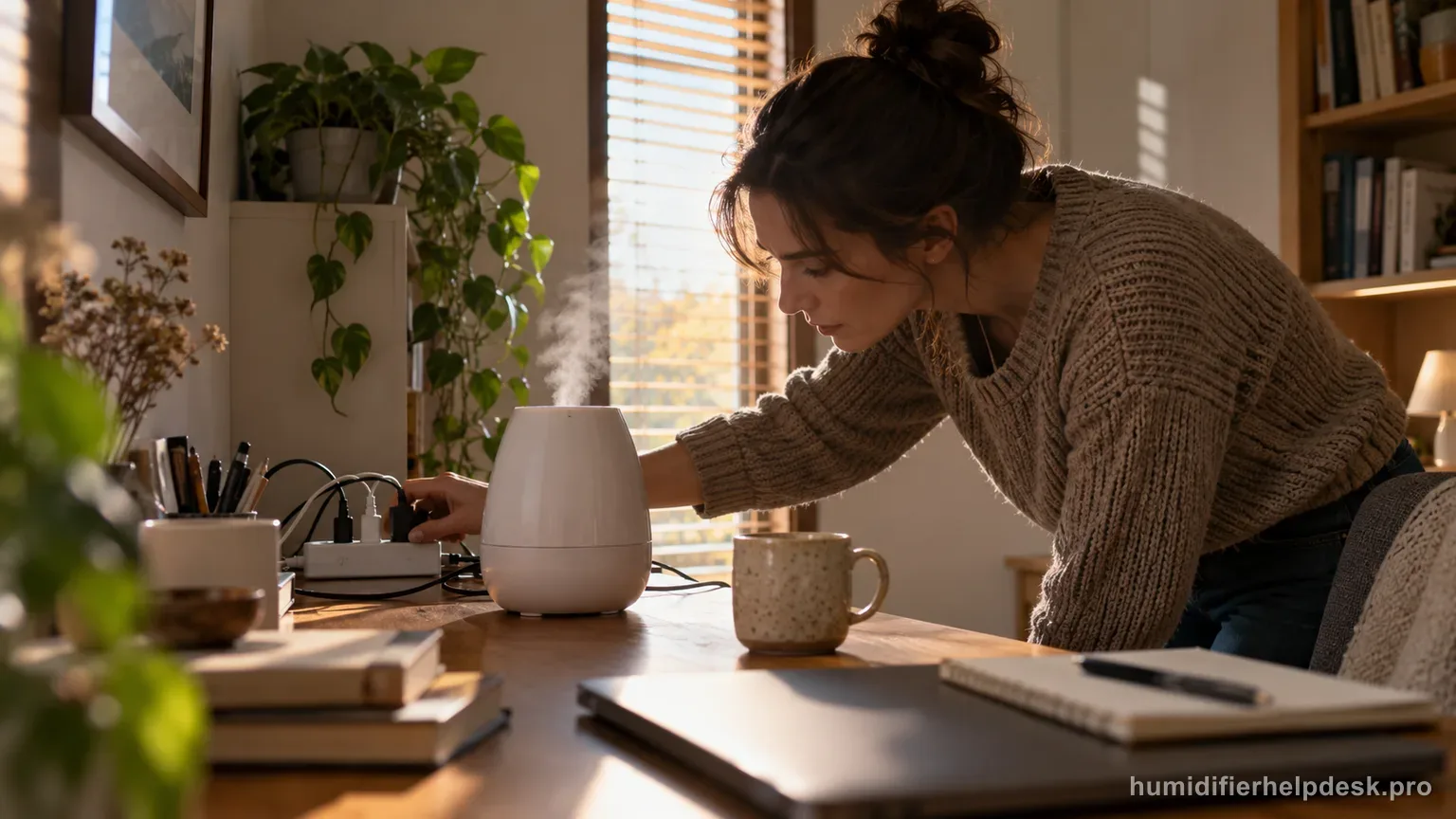 Illustrative person checking a power strip behind a small tabletop humidifier on a study desk