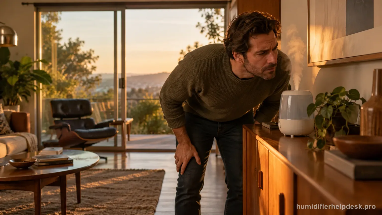 Illustrative person sniffing near a small tabletop humidifier on a credenza in a living room