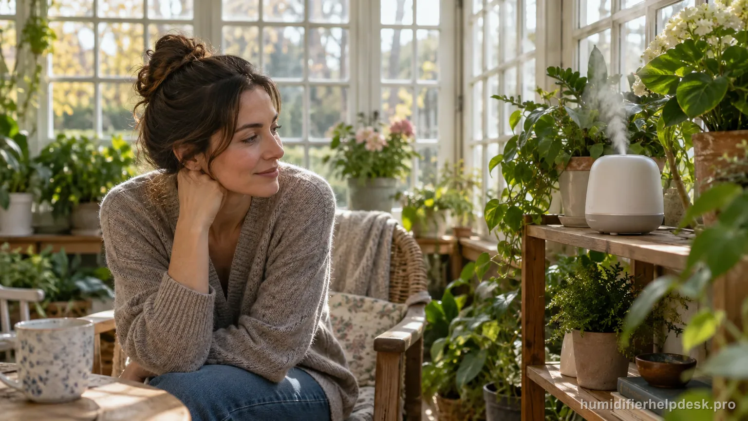 Illustrative person glancing at a quiet small tabletop humidifier on a shelf in a sunroom