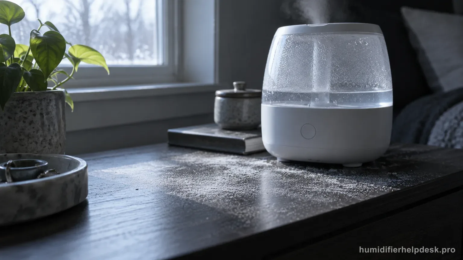 Illustrative fine layer of white mineral dust visible on a dark table beside a small tabletop humidifier