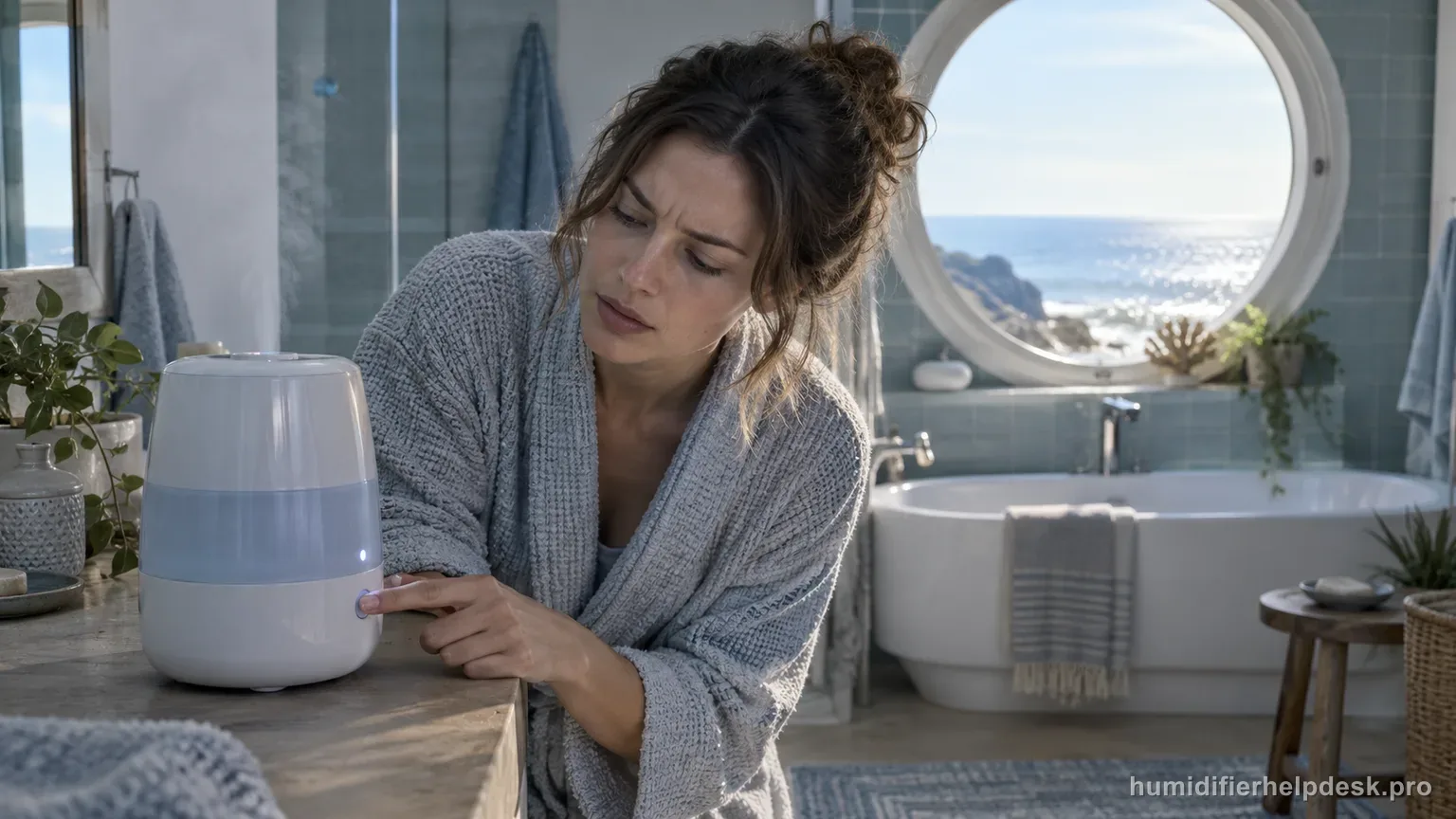 Illustrative person pressing a button on a small humidifier while a clean icon stays lit