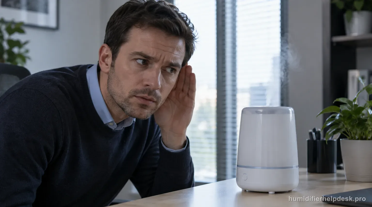 Illustrative person listening closely beside a small humidifier on an office desk to identify a noise