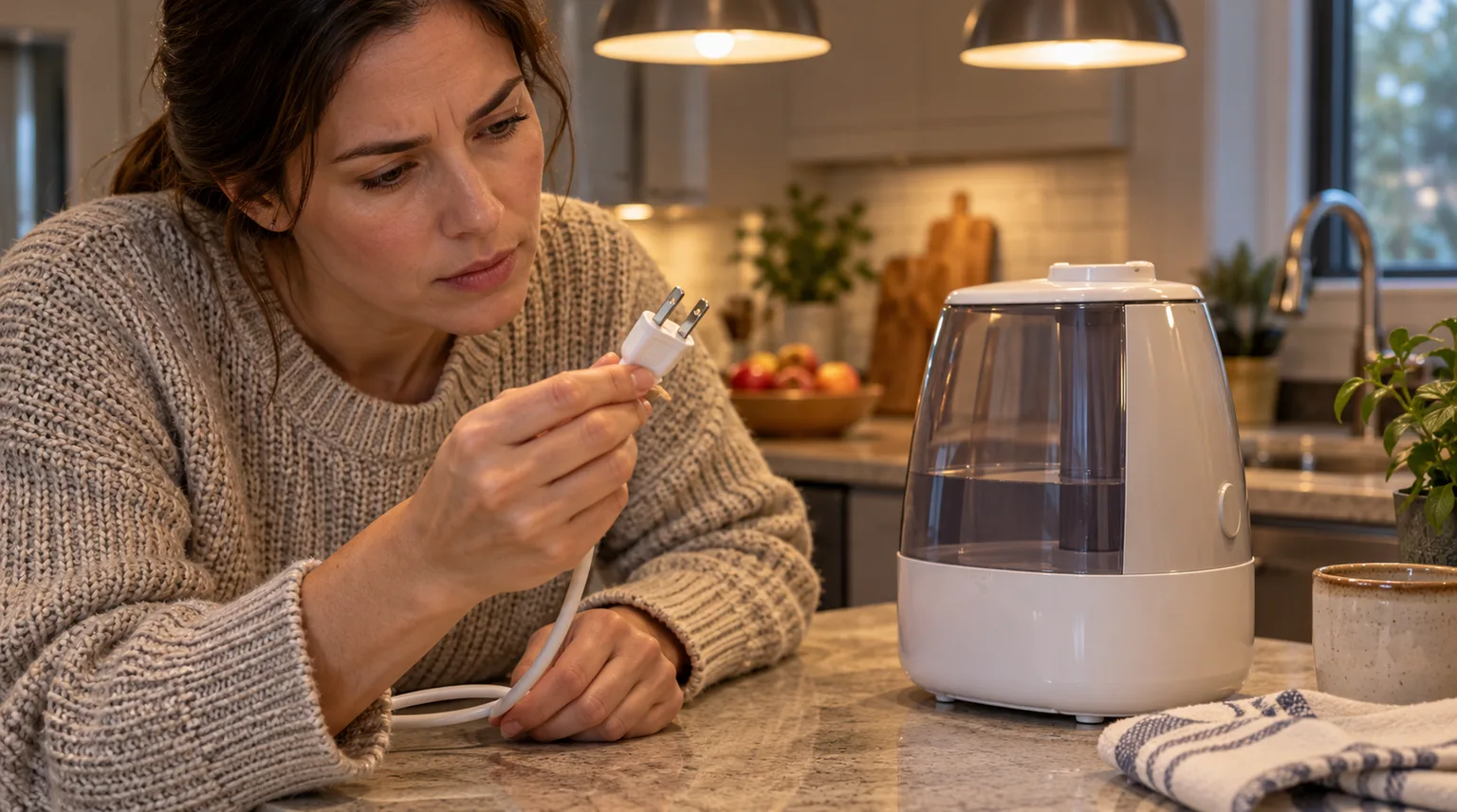Illustrative a warm-mist humidifier unplugged on a countertop while a hand inspects the plug prongs