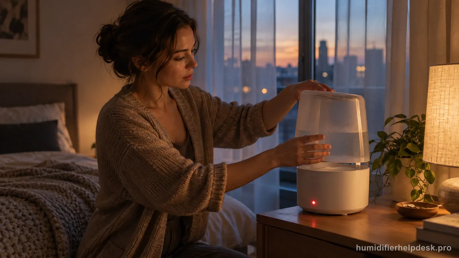 Illustrative person lifting the tank on a small humidifier with a red out-of-water indicator glowing