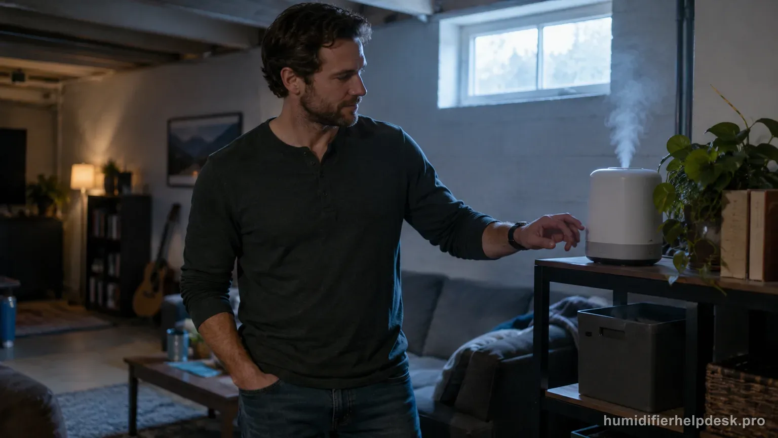 Illustrative person noticing a quiet small humidifier on a shelf in a basement rec room