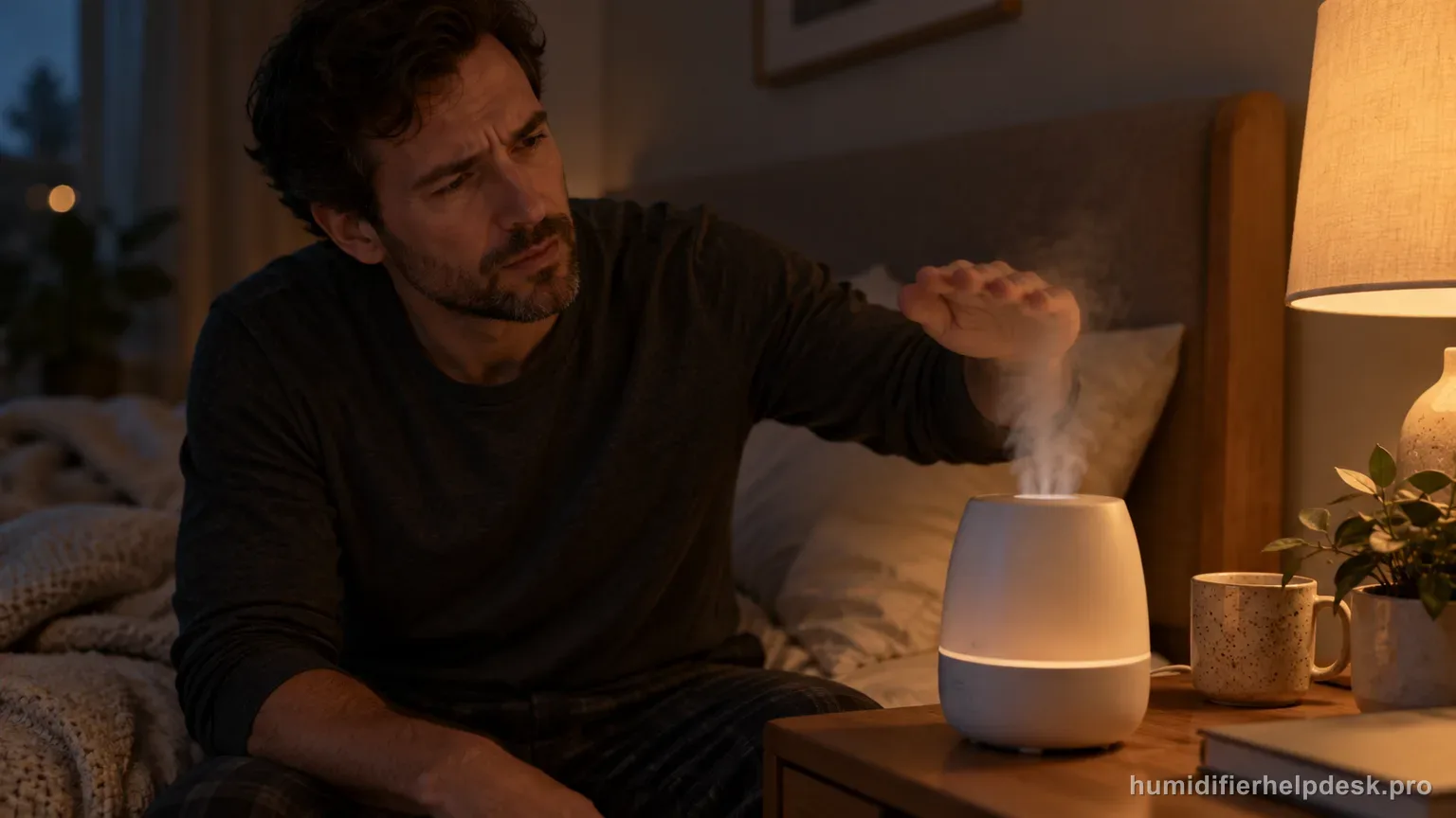 Illustrative hand hovering above the mist nozzle of a small humidifier to test mist temperature