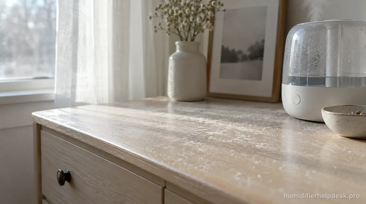 Illustrative fine layer of white mineral dust visible on a pale wood dresser beside a small humidifier
