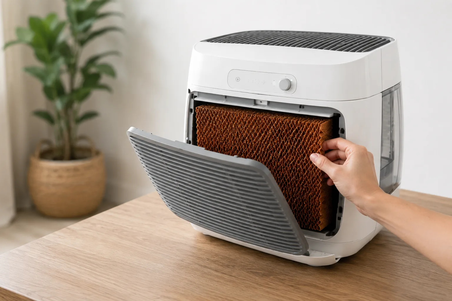 Illustrative evaporative humidifier with its brown mineral-stained wick filter being inspected by hand