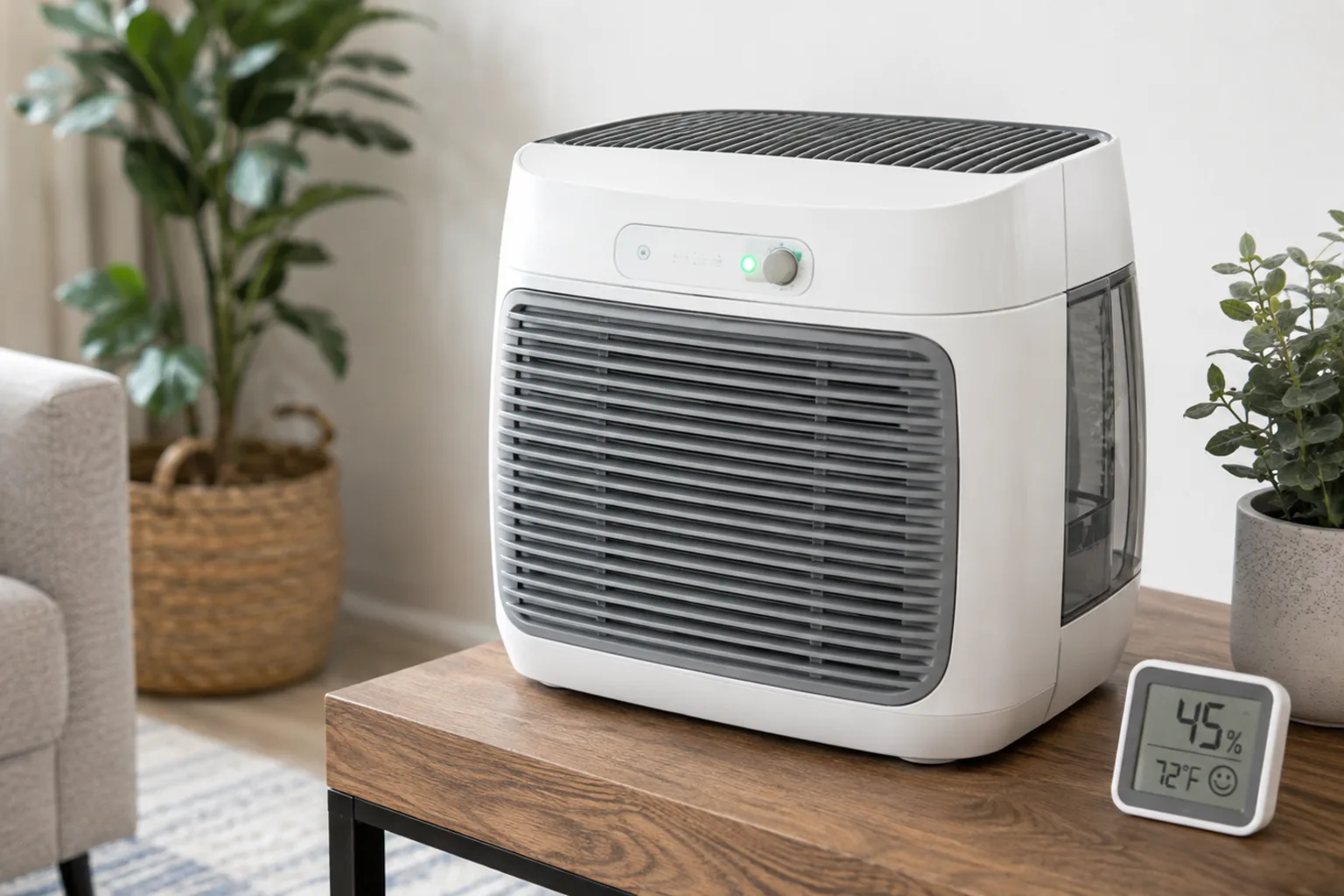 Illustrative evaporative humidifier running normally with no visible mist and a nearby humidity monitor