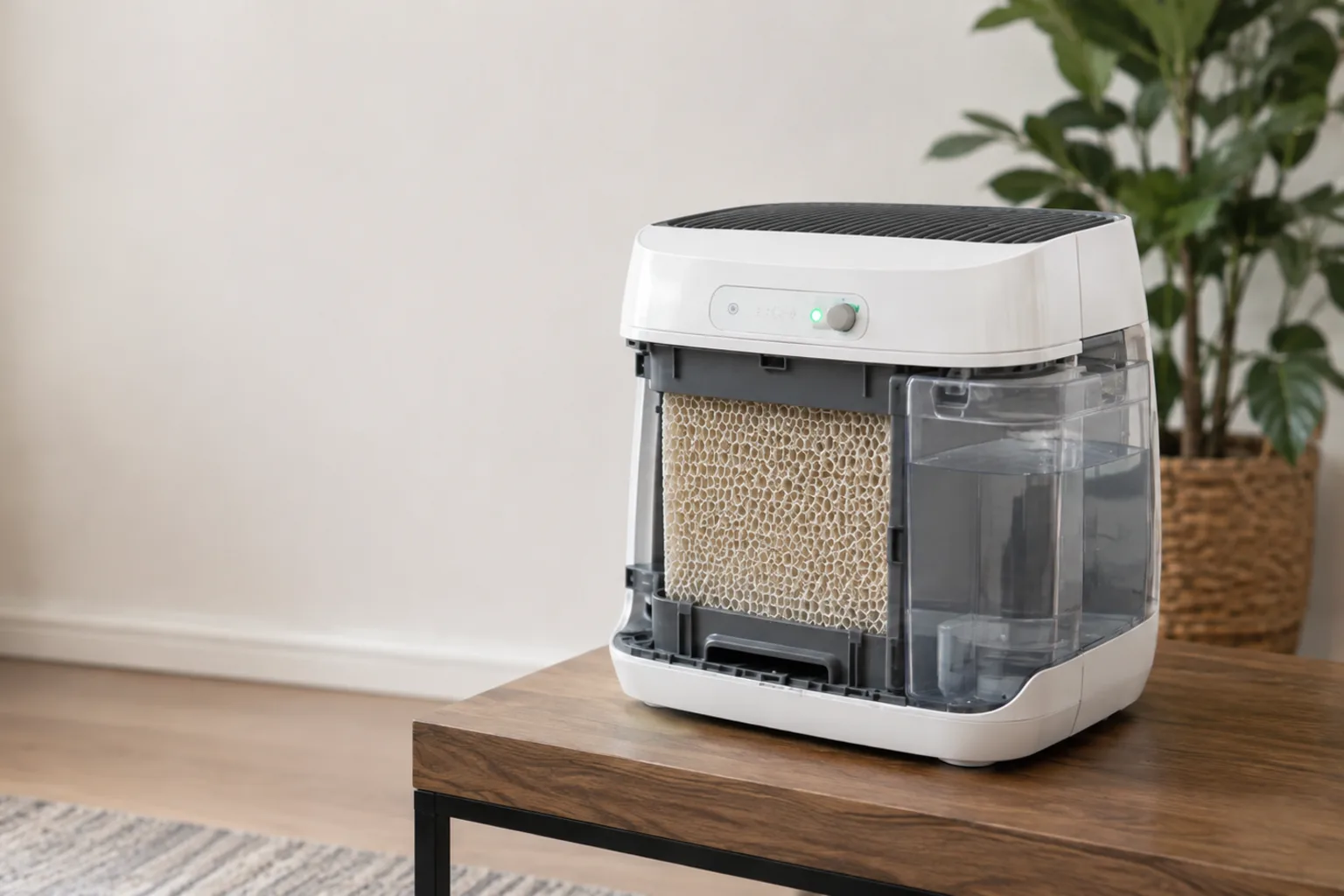 Illustrative evaporative humidifier with a full-looking tank and wick area exposed for a water-use check