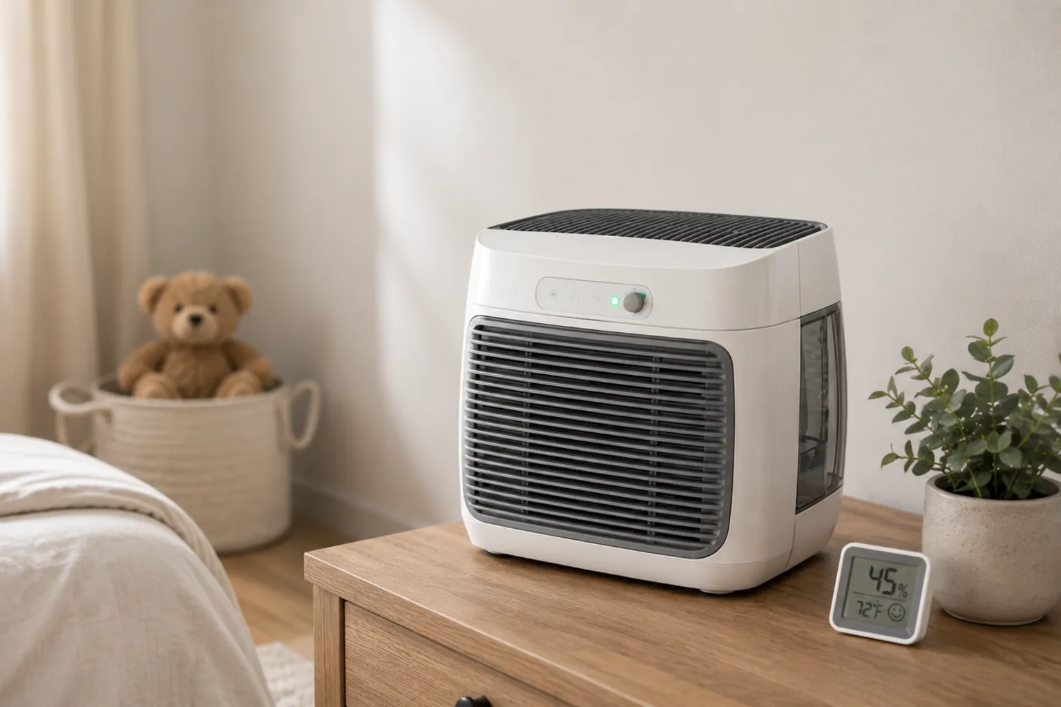 Illustrative evaporative humidifier operating in a bedroom with no visible mist and a nearby hygrometer