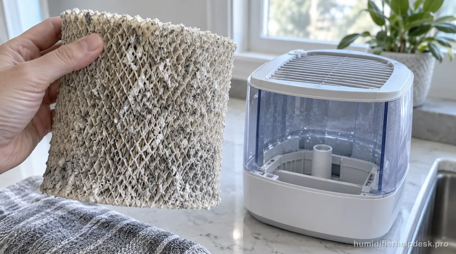 Illustrative hand holding a stiff, mineral-crusted wick filter beside a compact evaporative humidifier