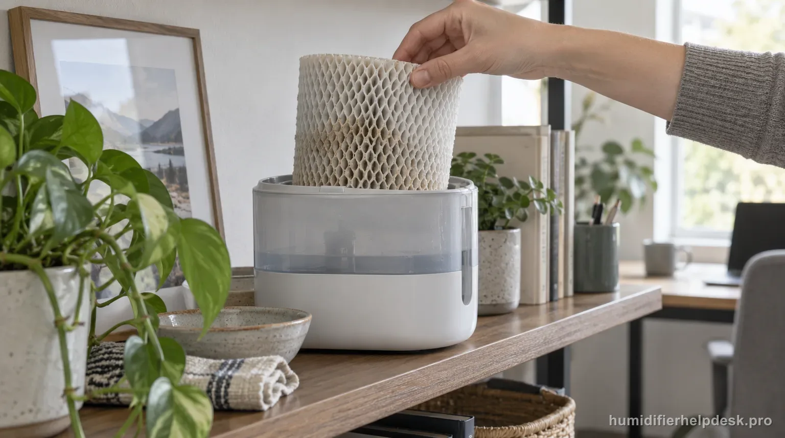 Illustrative hand lifting a wick filter out of a compact evaporative humidifier to check for mineral buildup