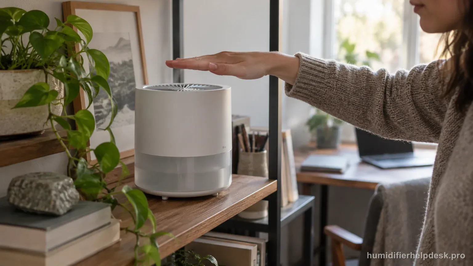 Illustrative compact evaporative humidifier with a person feeling for airflow near the top vent
