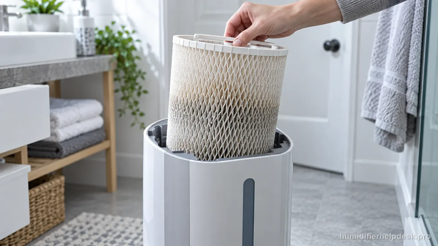 Illustrative hand lifting a wick filter out of a tall tower evaporative humidifier to inspect it for mineral buildup