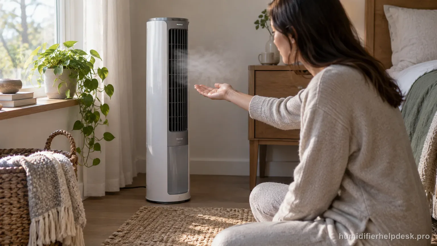 Illustrative tall tower evaporative humidifier with a person feeling for airflow near the vent