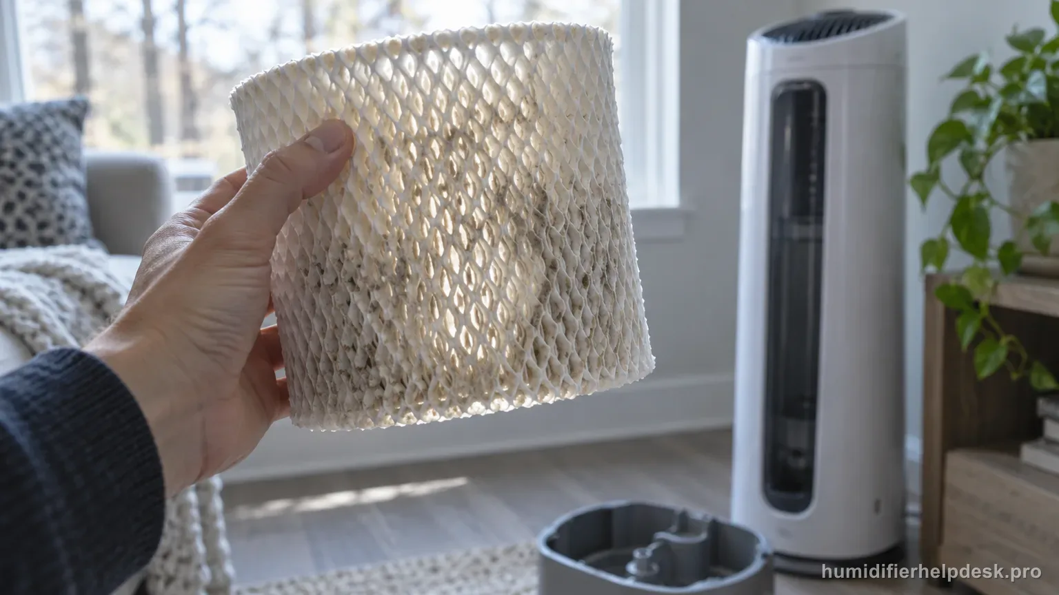 Illustrative hand holding a wick filter up to the light to inspect it for hardened mineral scale