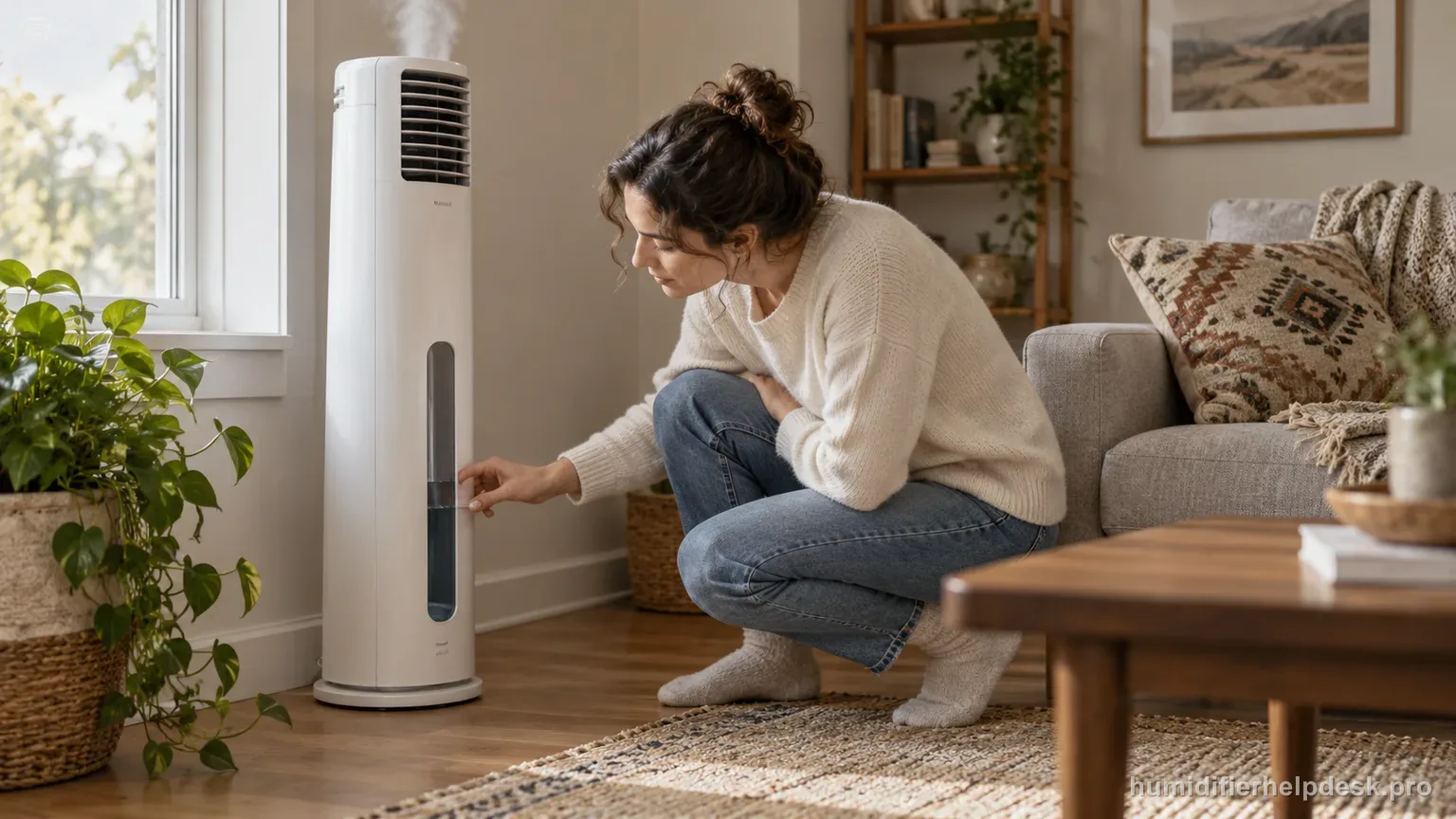 Illustrative tall tower evaporative humidifier with a person checking the water level through the tank window