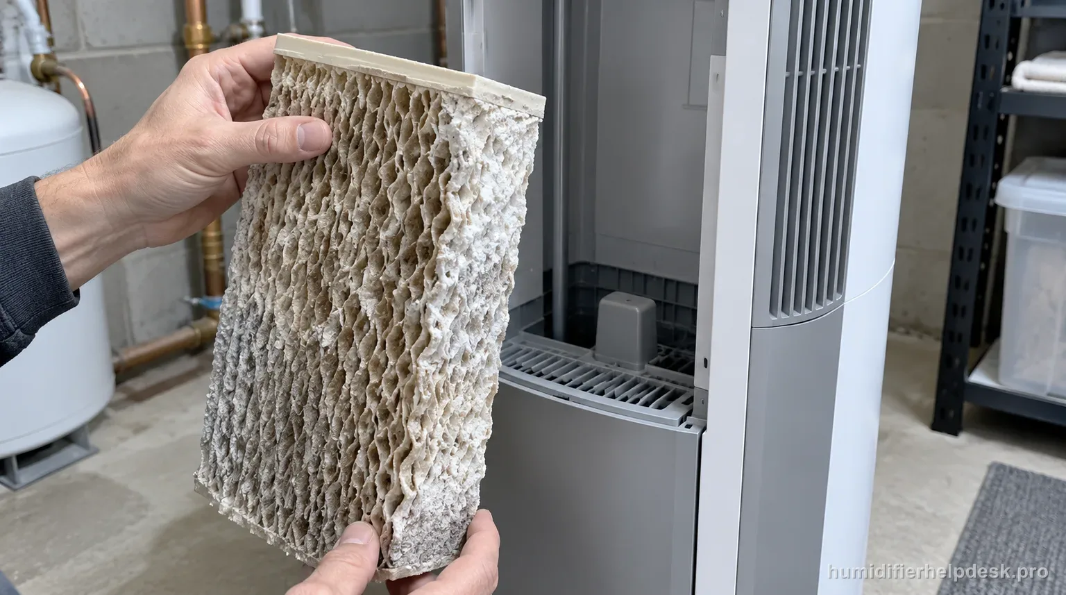Illustrative hand examining a stiff, mineral-crusted wick filter beside a tall console evaporative humidifier