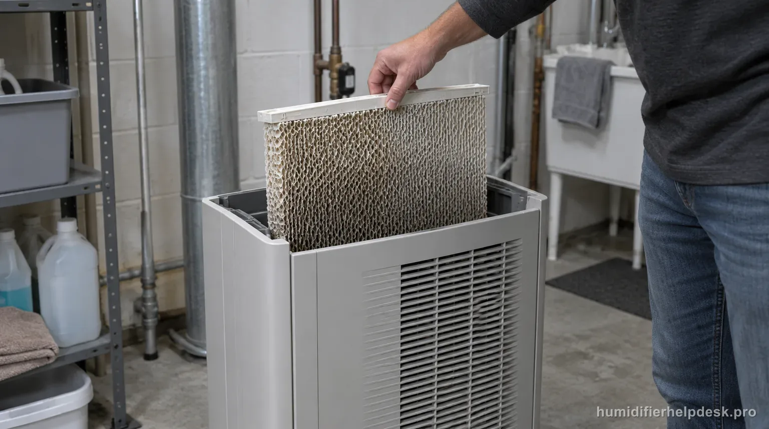 Illustrative hand lifting a large wick filter out of a tall console evaporative humidifier
