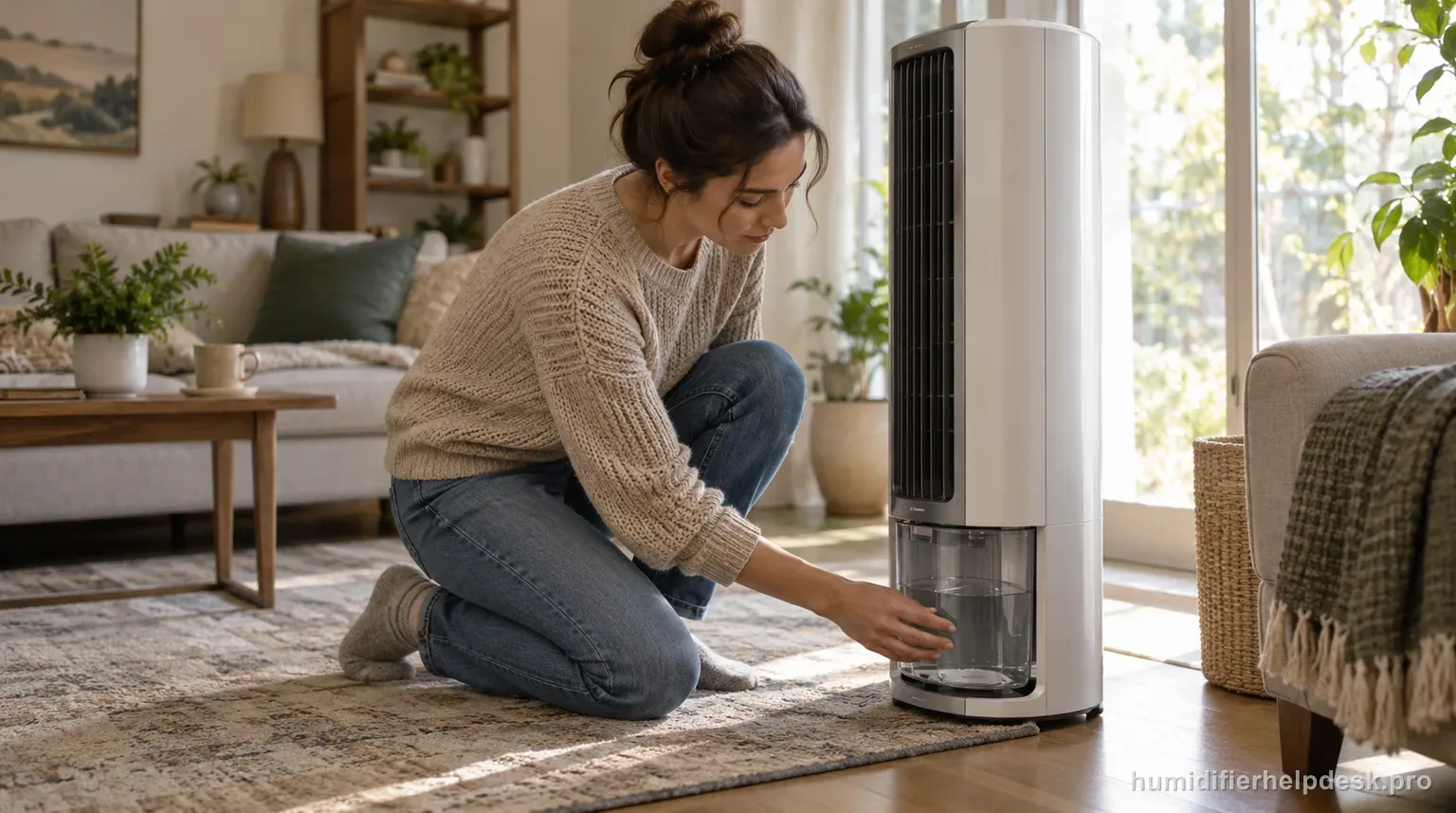 Illustrative tall console evaporative humidifier with a person checking the water reservoir at its base