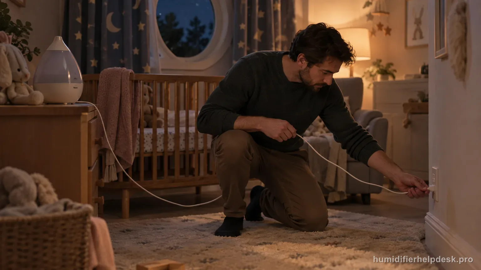 Illustrative person tracing a power cord from a small teardrop-shaped ultrasonic humidifier back to a wall outlet in a nursery