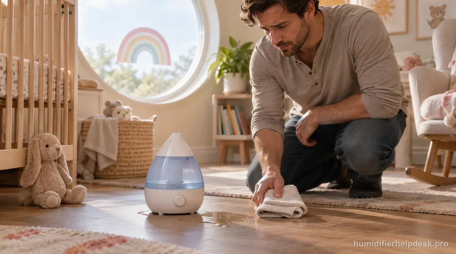 Illustrative person kneeling with a cloth beside a small teardrop-shaped ultrasonic humidifier leaking water in a nursery