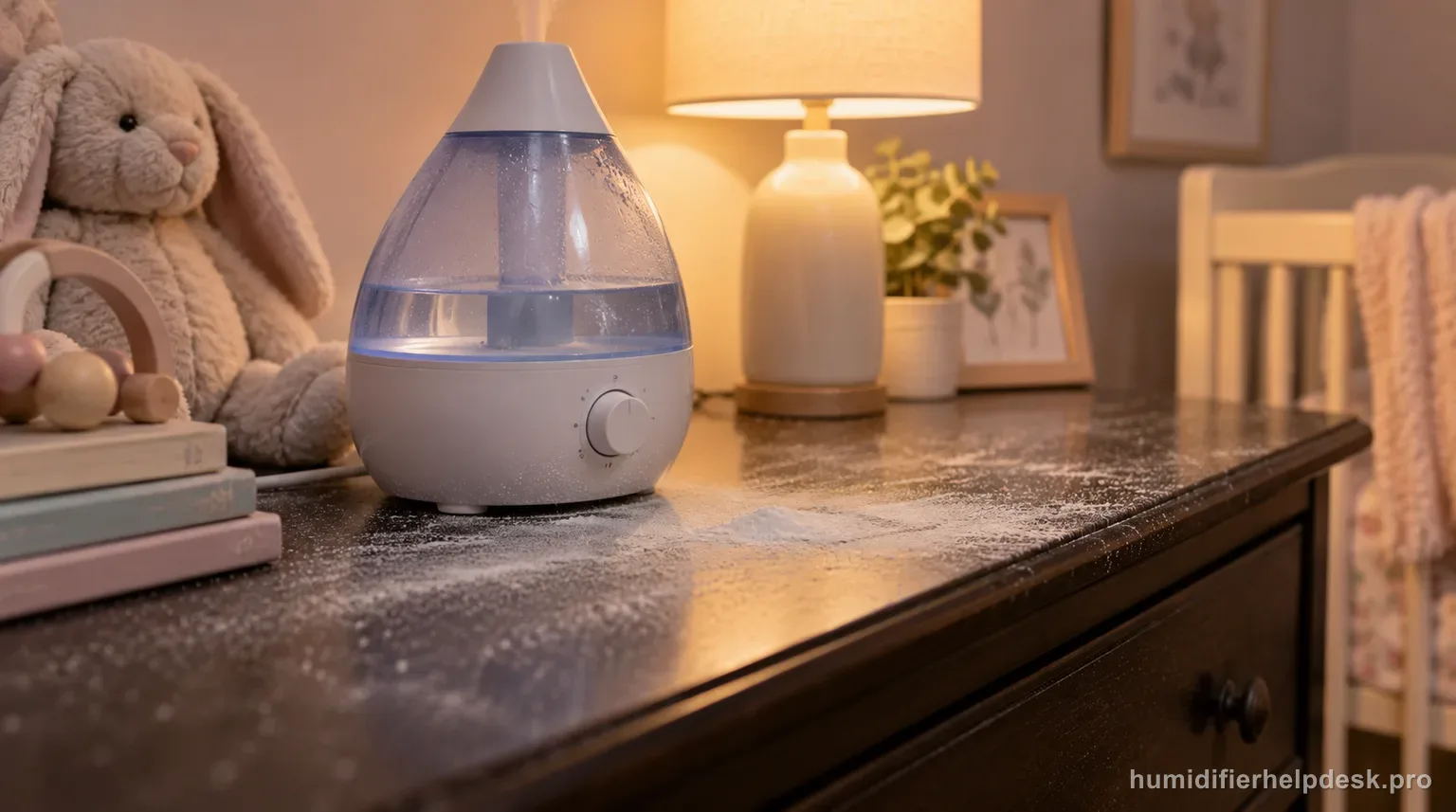 Illustrative fine layer of white mineral dust visible on a dark wood dresser beside a small teardrop-shaped ultrasonic humidifier