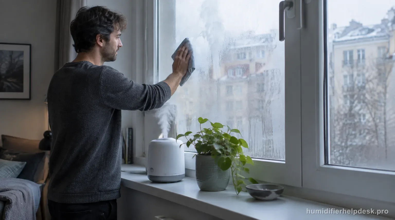 Illustrative person wiping a fogged window beside a small ultrasonic humidifier on a windowsill
