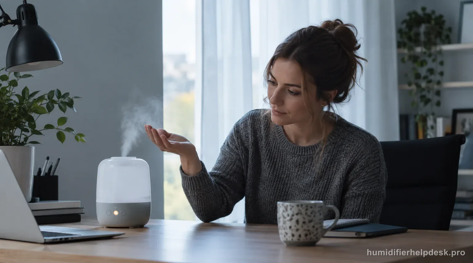Illustrative person checking the nozzle of a small ultrasonic humidifier on a desk for mist while a power light glows